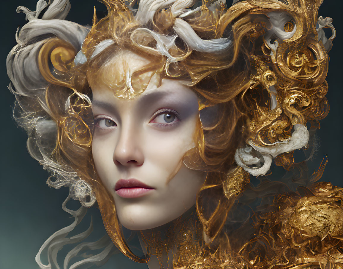 Ornate gold and white swirls on woman's face against teal background