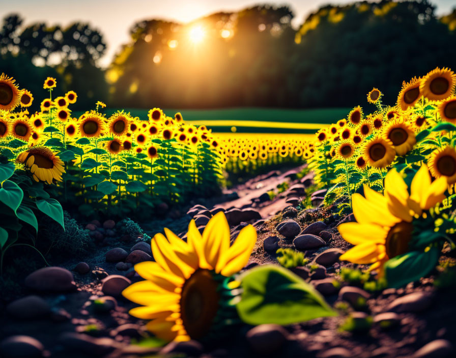 Sunflower Field at Sunset with Blooms and Path