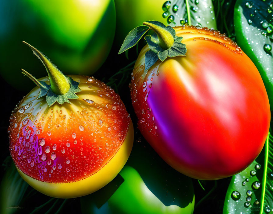 Vibrant gradient tomatoes with water droplets among leaves