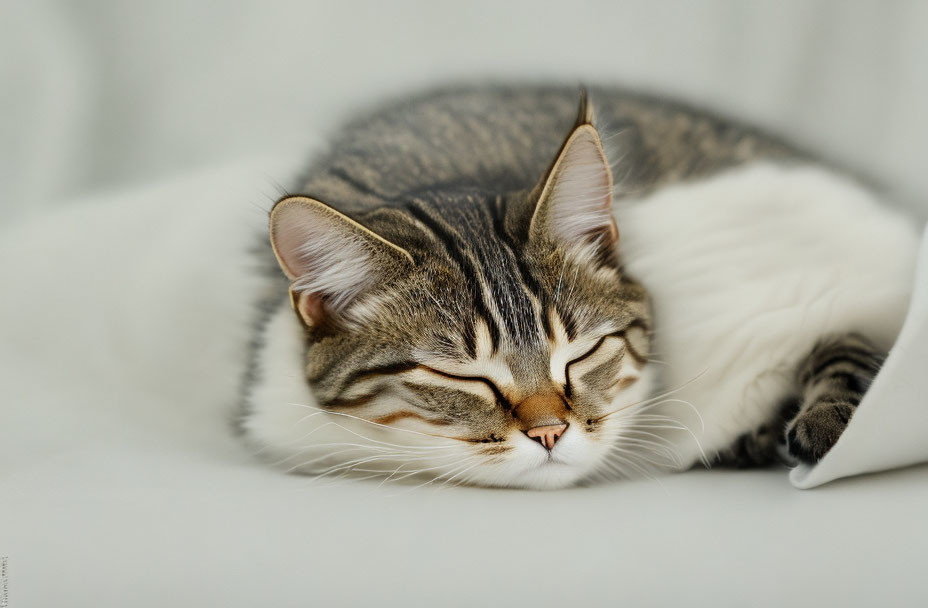 Tabby Cat Sleeping Peacefully on Soft White Surface