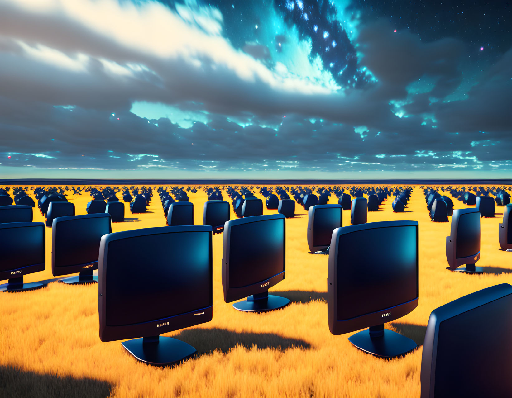 Golden wheat field with scattered computer monitors under twilight sky