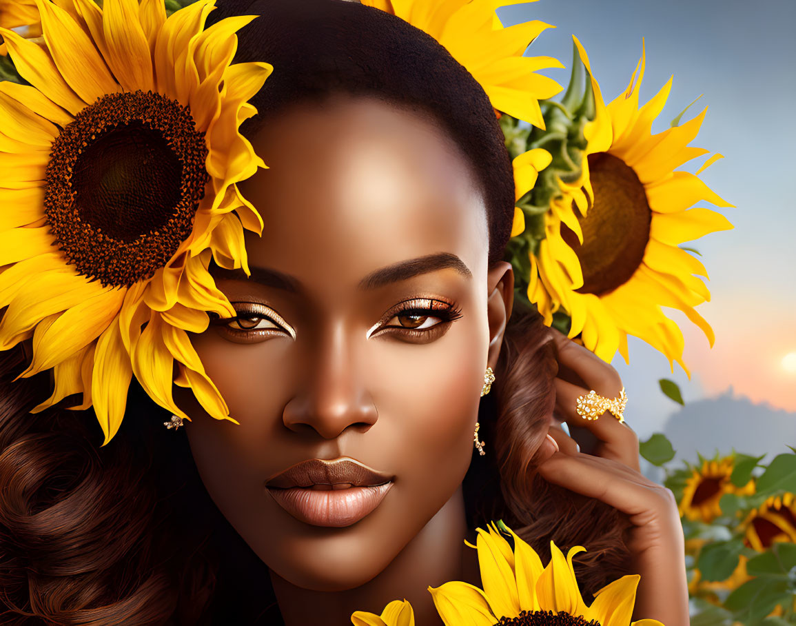 Digital artwork: Woman with sunflowers, deep brown eyes, warm sunset backdrop