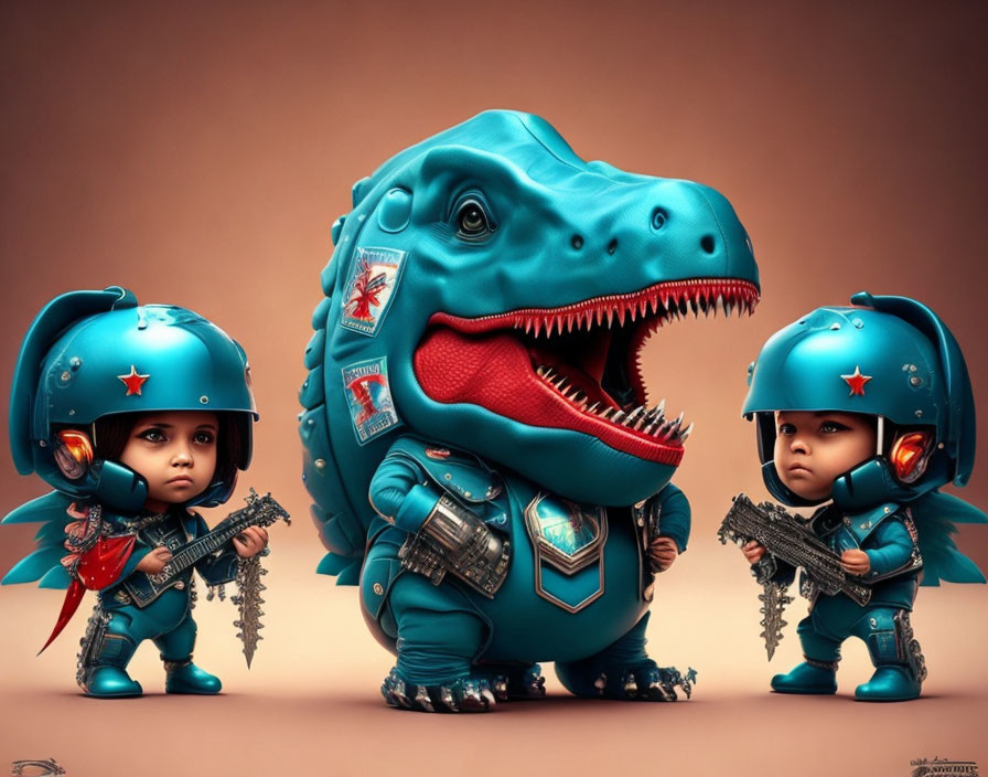 Futuristic armor: Child soldiers with friendly dinosaur