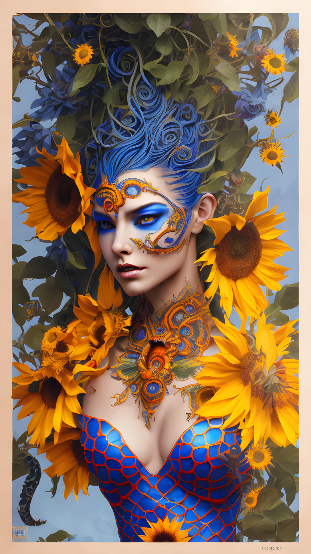 Blue-skinned woman with floral body paint and sunflowers in digital art