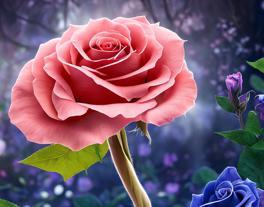 Detailed Pink Rose on Thin Stem Against Dreamy Purple Backdrop