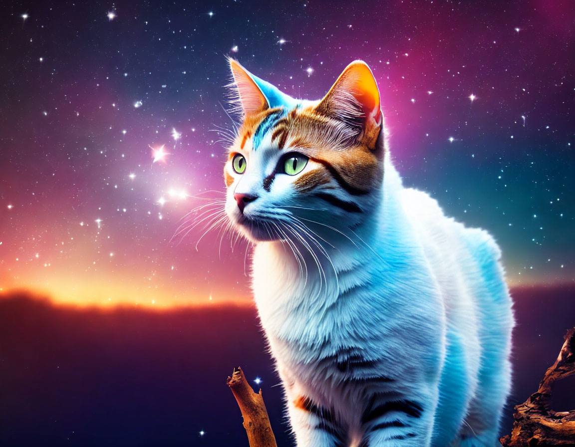 Strikingly marked cat gazes at vivid cosmic backdrop