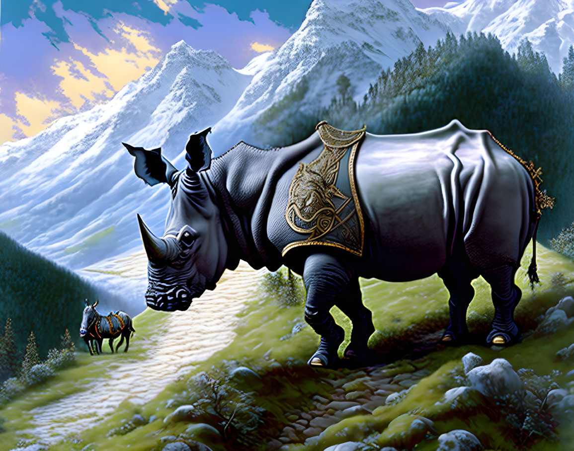 Stylized illustration of armored rhinoceros in mountain landscape