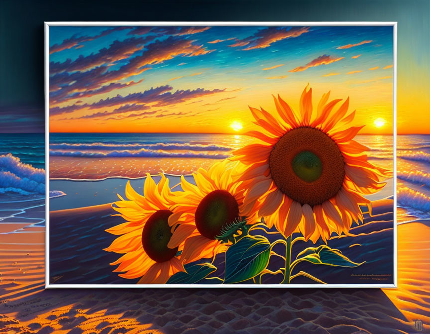 Sunflower painting on beach with sunset and waves