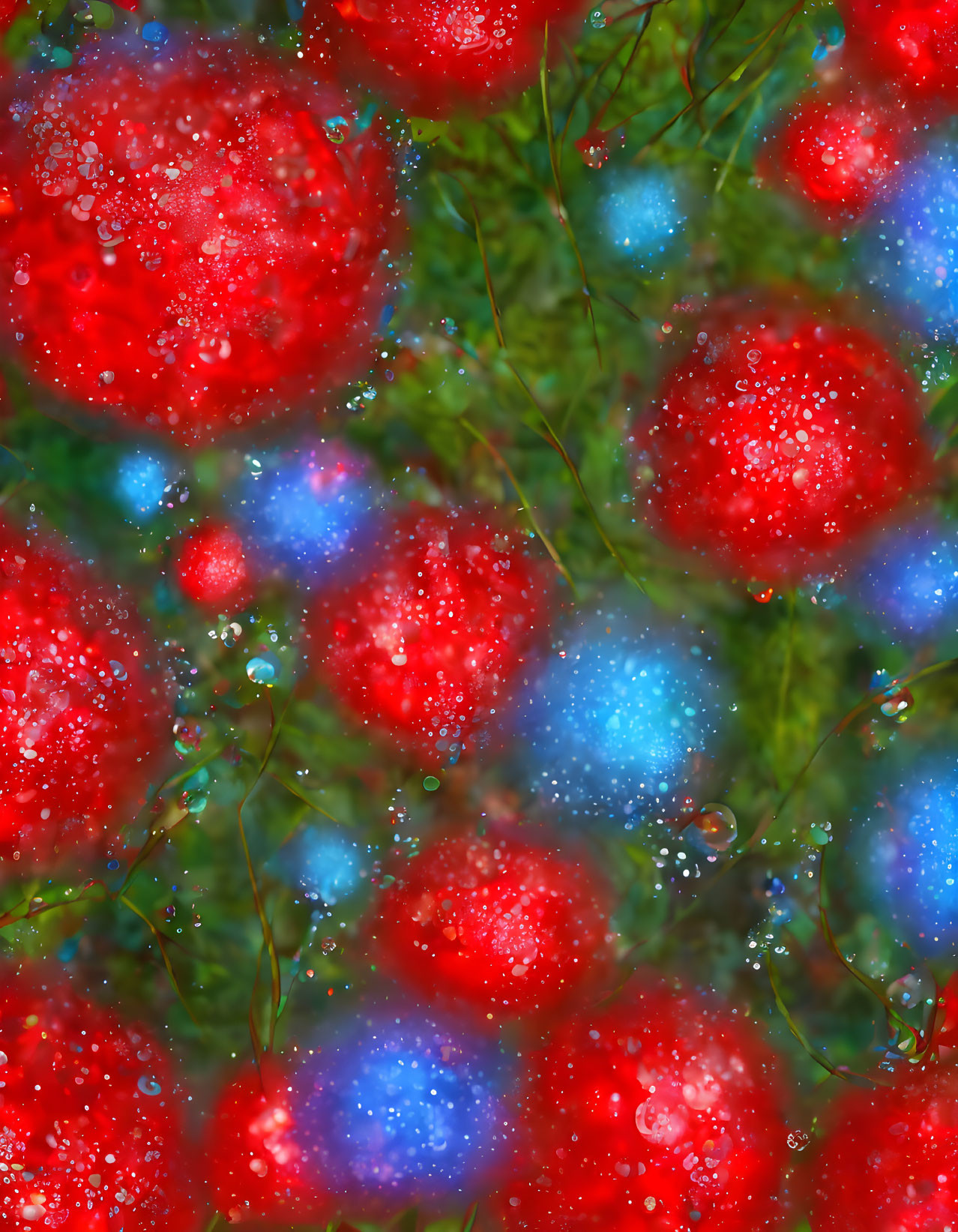 Bright red flowers with water droplets on blurred blue and green background