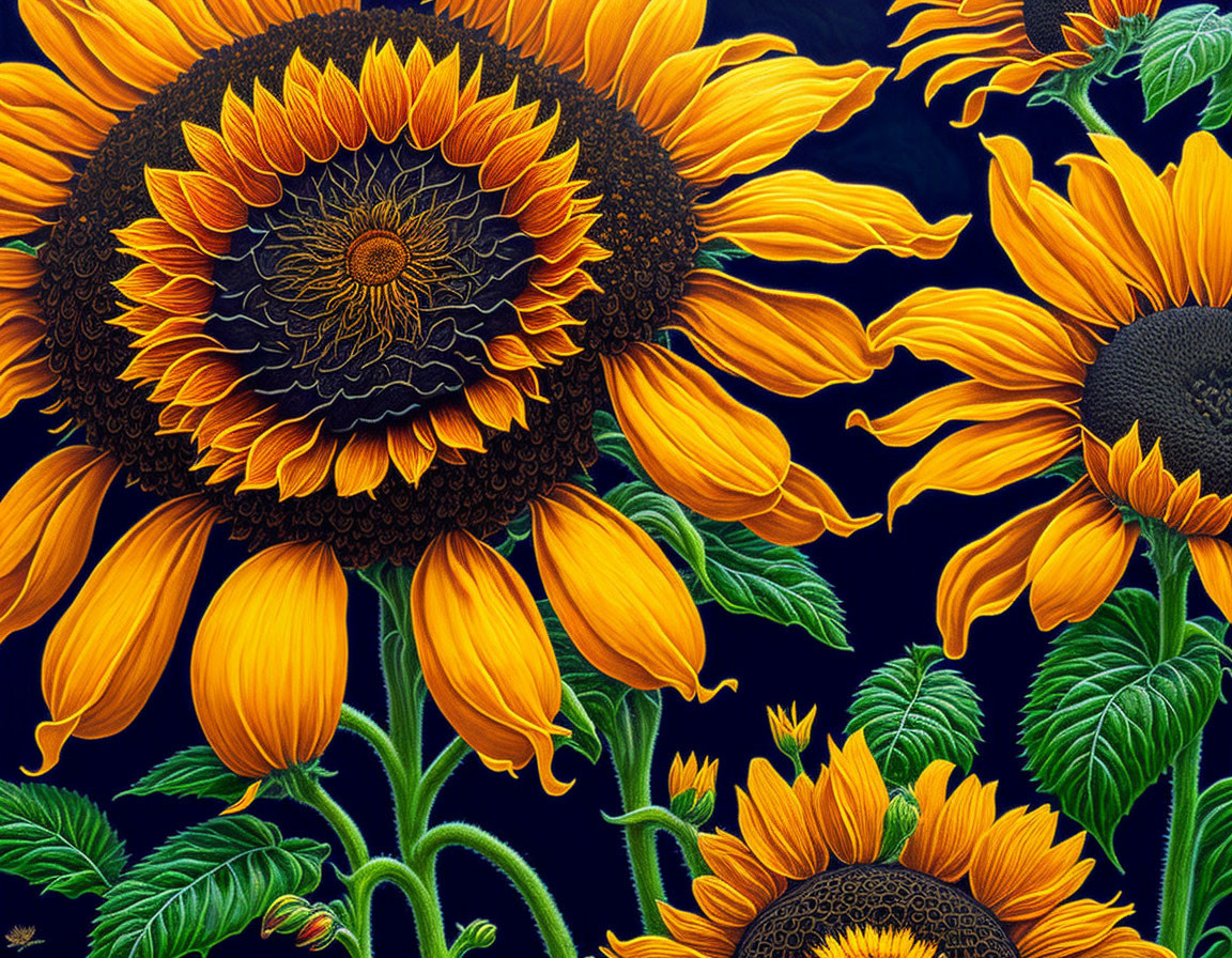 Detailed sunflower illustration on dark background