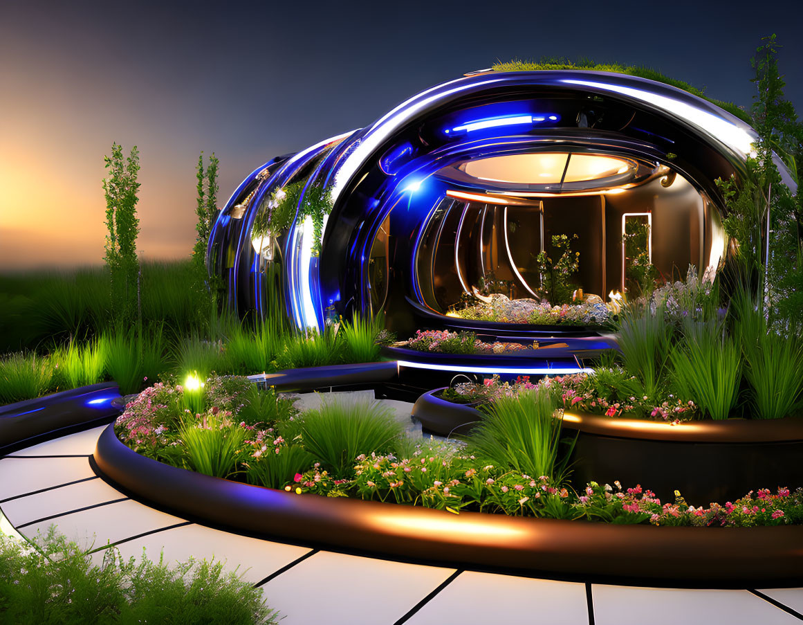 Futuristic garden with glowing blue structures and lush greenery