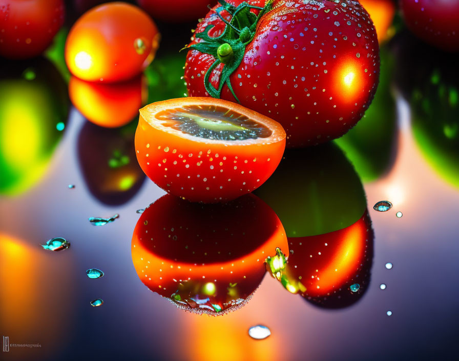 Ripe tomatoes with water droplets, vibrant red colors, and juicy interior