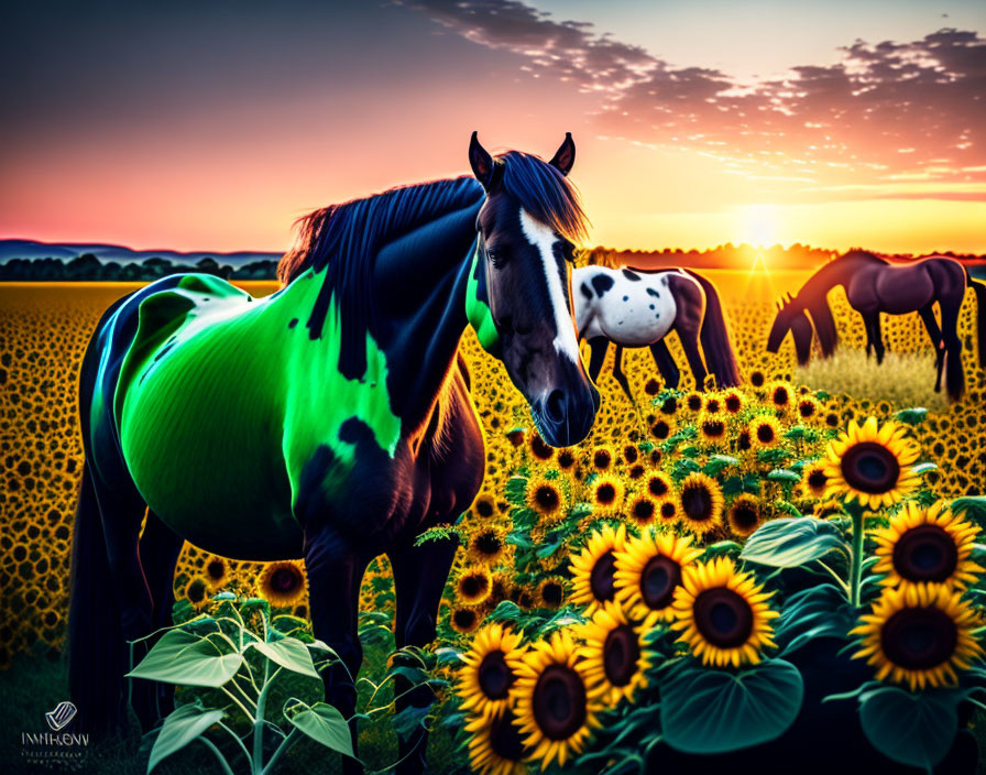 Sunset scene: horses in sunflower field with one horse under green light