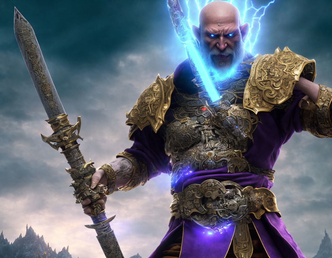 Warrior with glowing blue eye wields lightning-charged sword in golden armor.