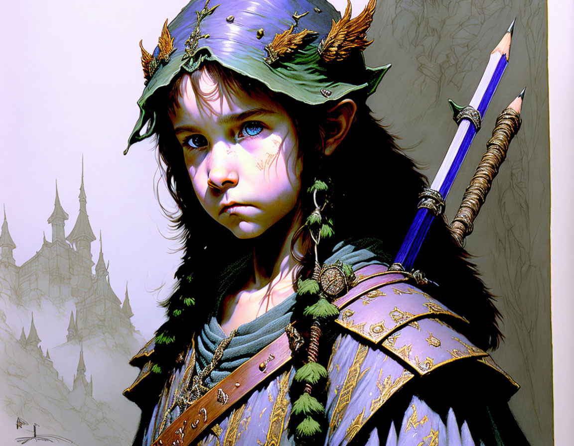 Child in fantasy armor with leafy helm and arrows.