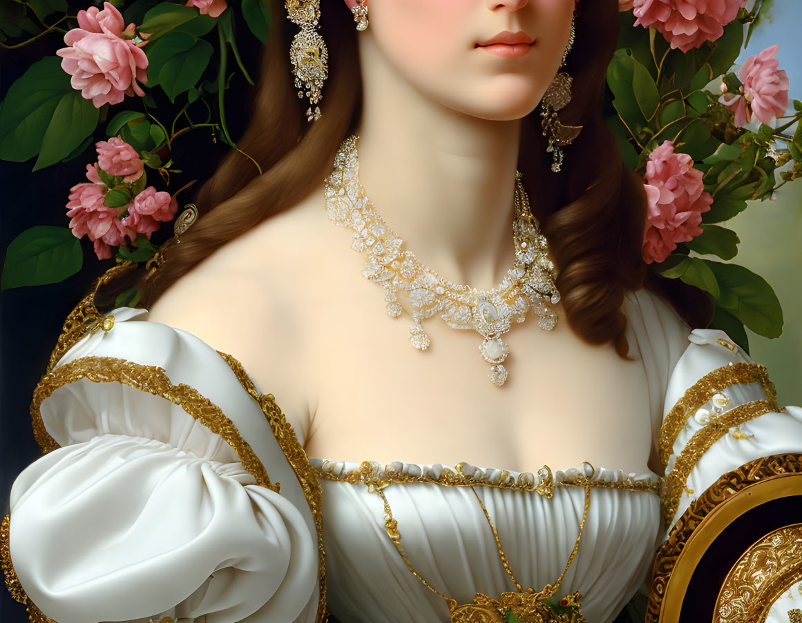 Classical painting detail: Woman with styled brown hair, gold jewelry, roses, white dress