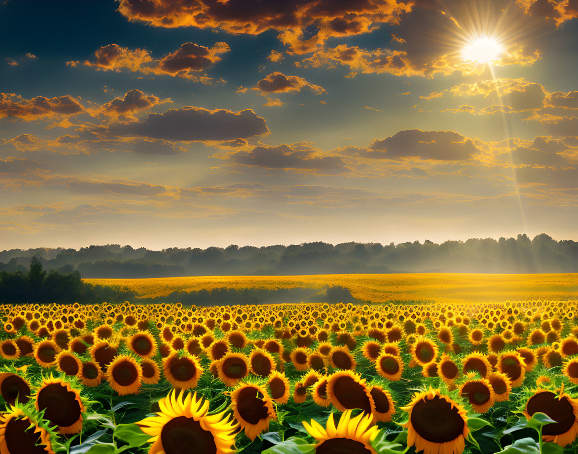 Sunflower Field Sunrise: Vibrant Blooms Under Warm Sun Glow