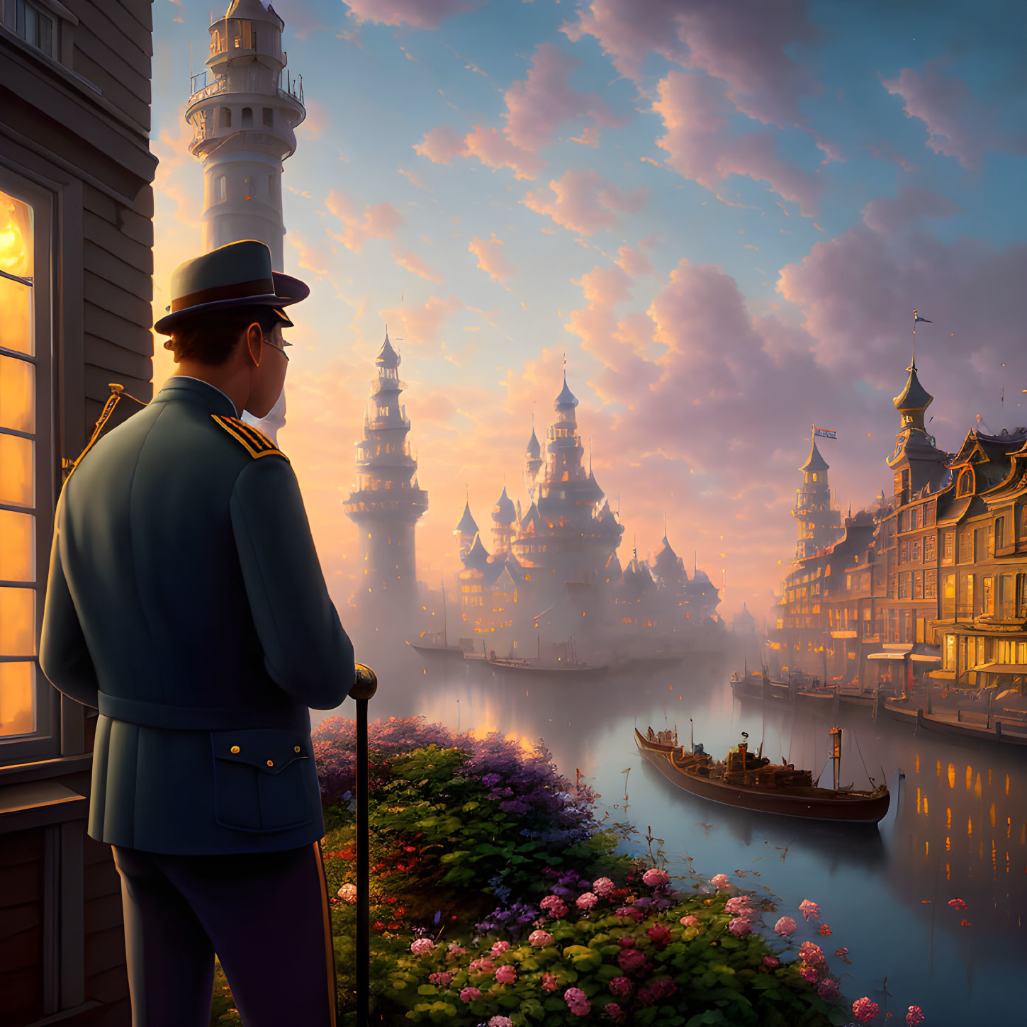 Elegantly dressed person gazes at fantastical city at sunset