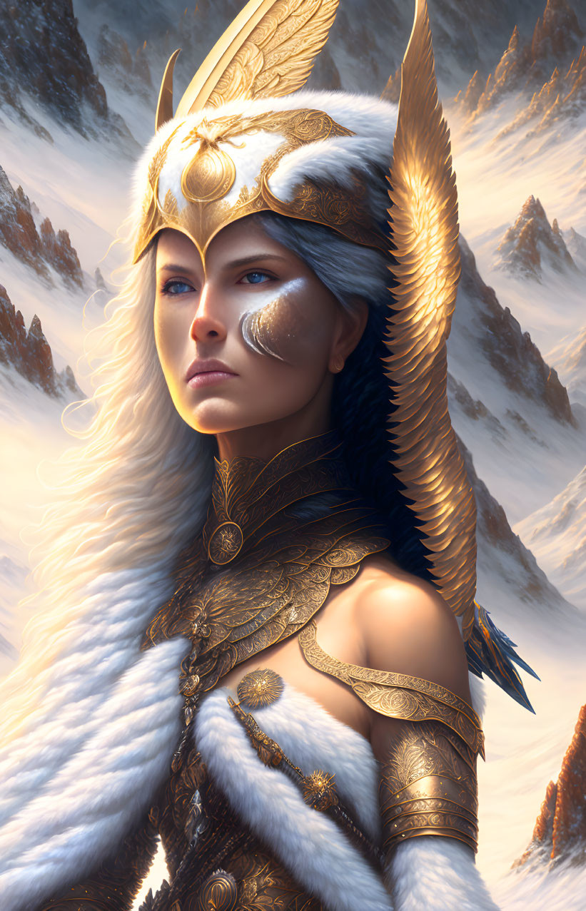 Female warrior in golden helmet and ornate armor in snowy mountains