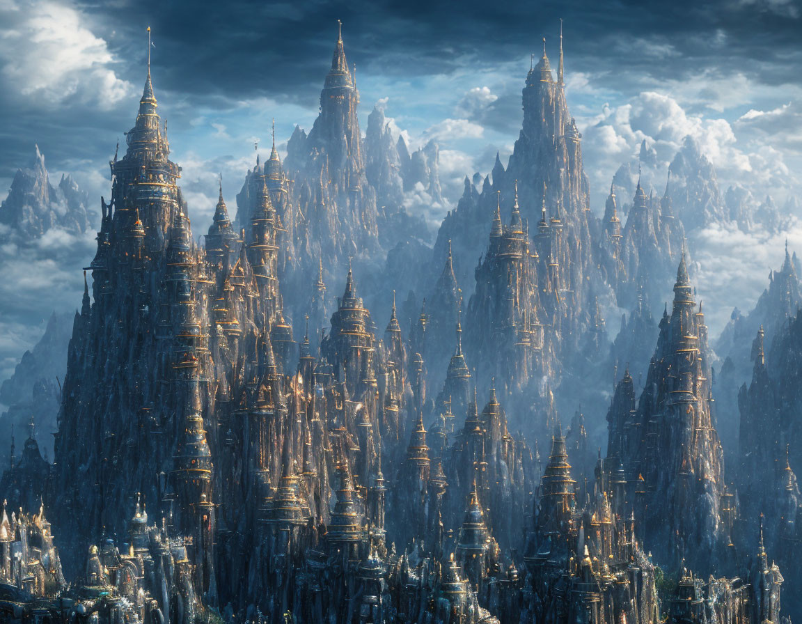 Fantasy cityscape with towering spires and intricate architecture