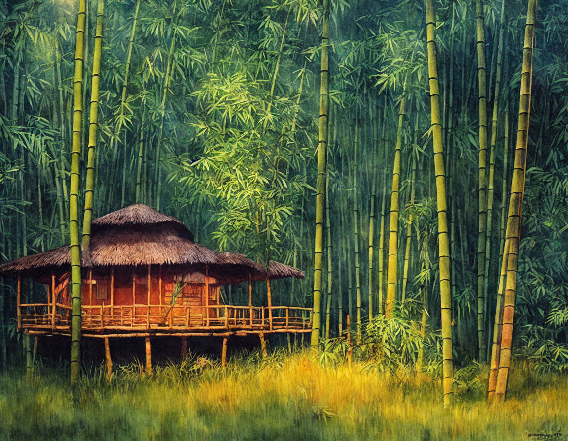 Tranquil bamboo forest with traditional thatched hut