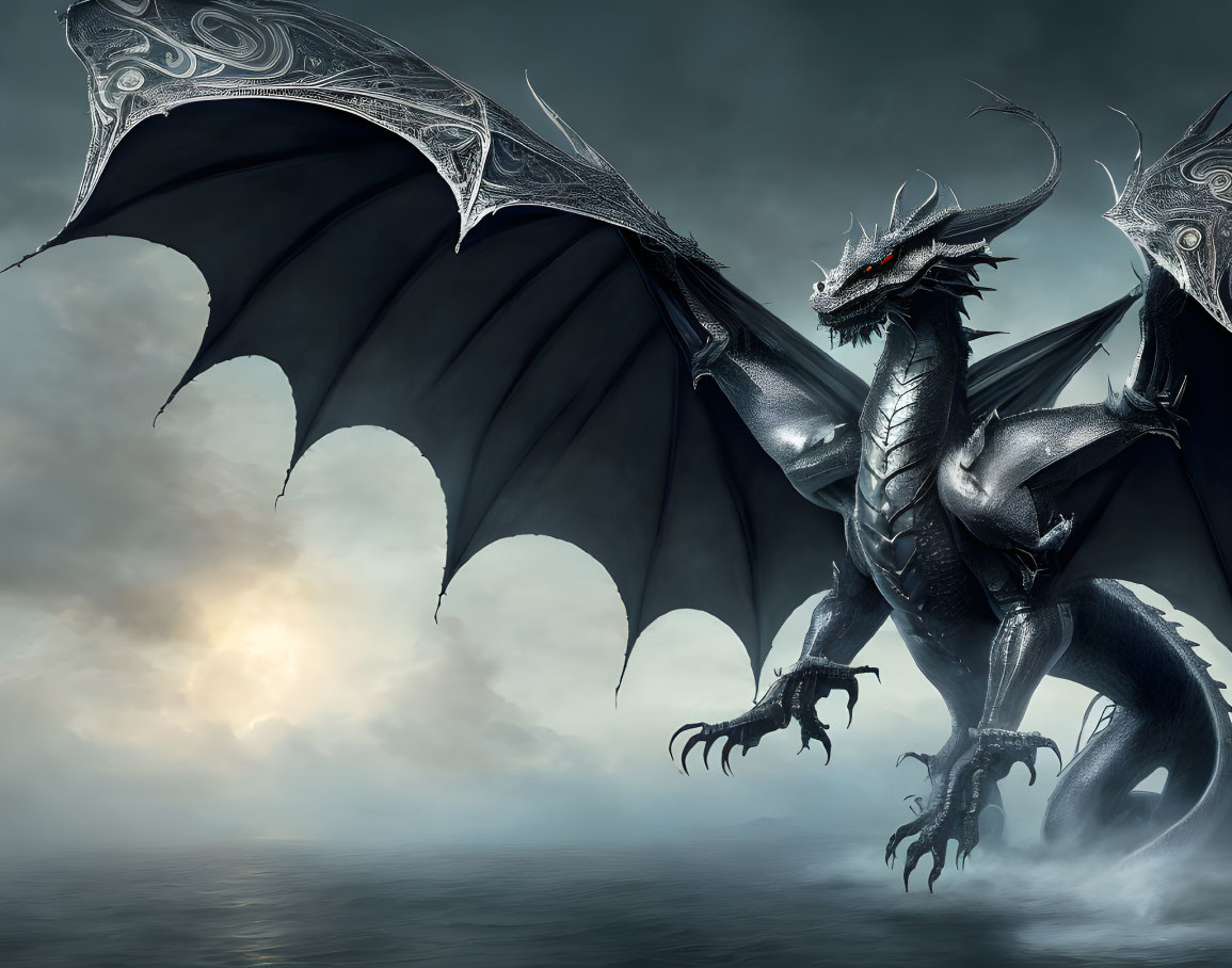 Menacing dragon with expansive wings and intricate horn designs in misty backdrop