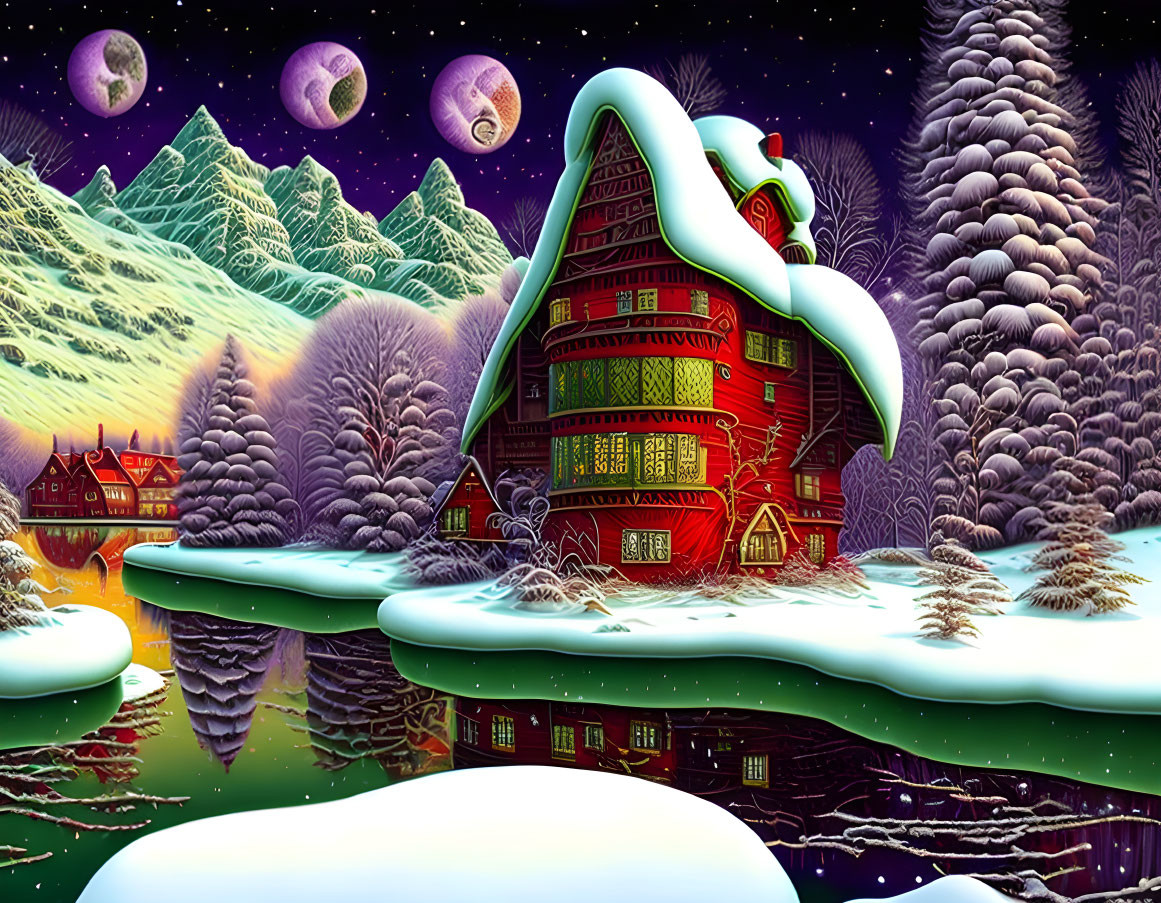 Colorful multi-story house with oversized snow-covered hat in whimsical winter scene