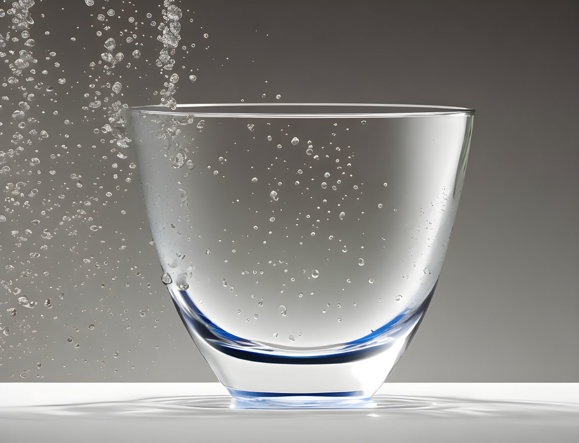 Transparent glass with water and bubbles on grey background