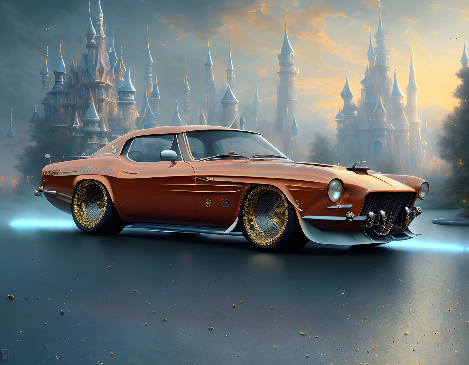 Vintage car with custom wheels in front of fantasy castle in mystical dusk.