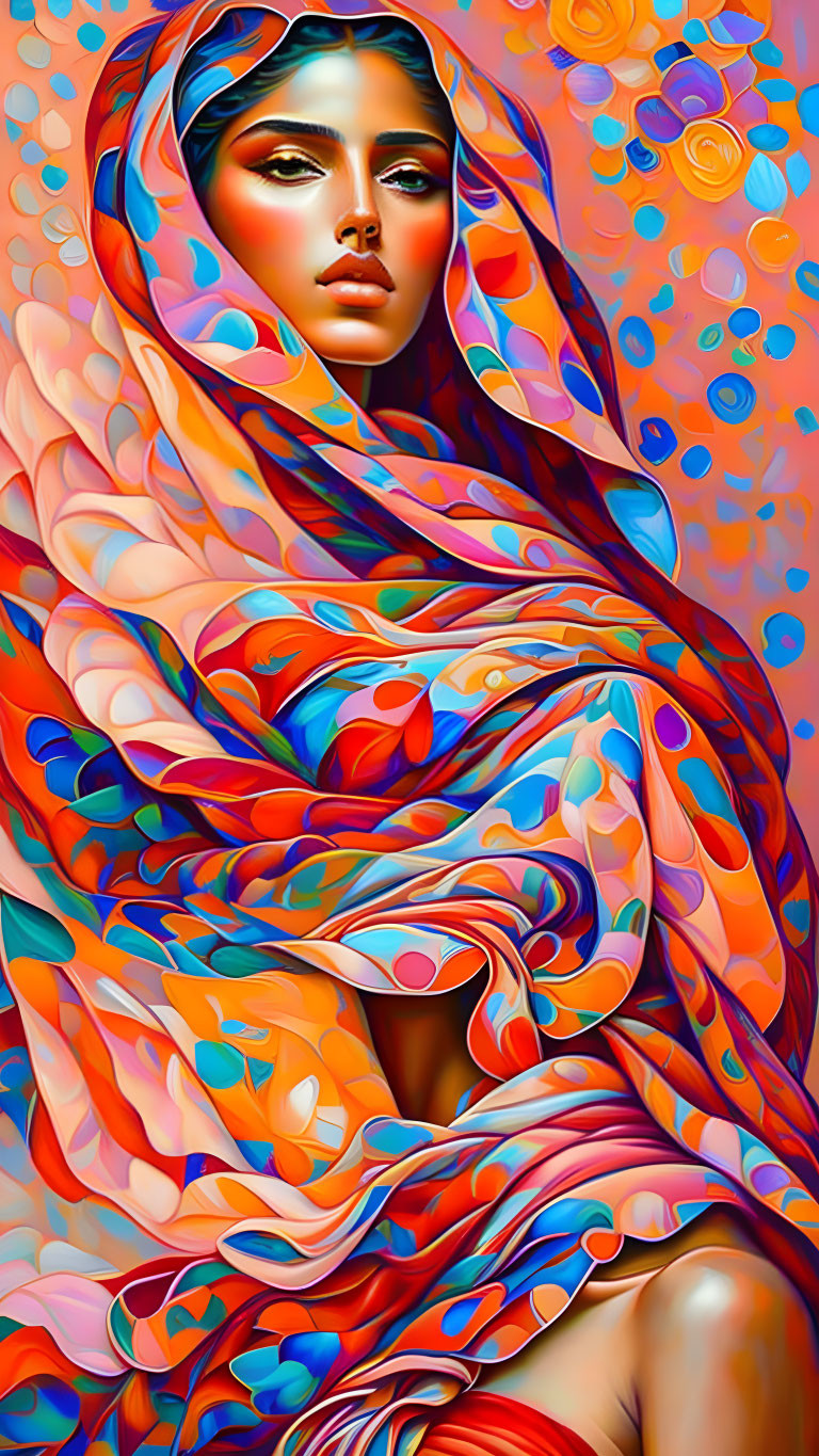 Colorful digital artwork: Woman in flowing scarf with detailed features