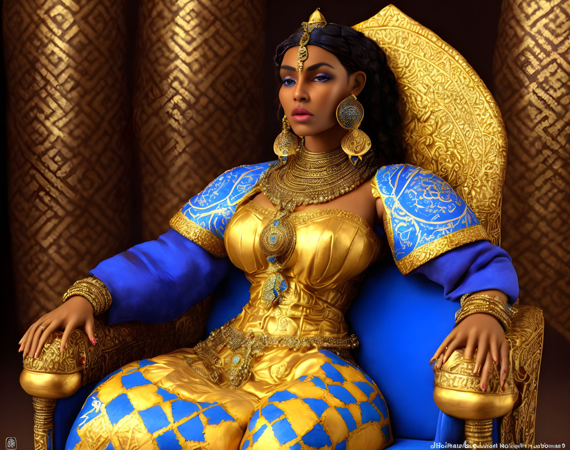 Regal woman in blue and gold traditional attire on luxurious throne