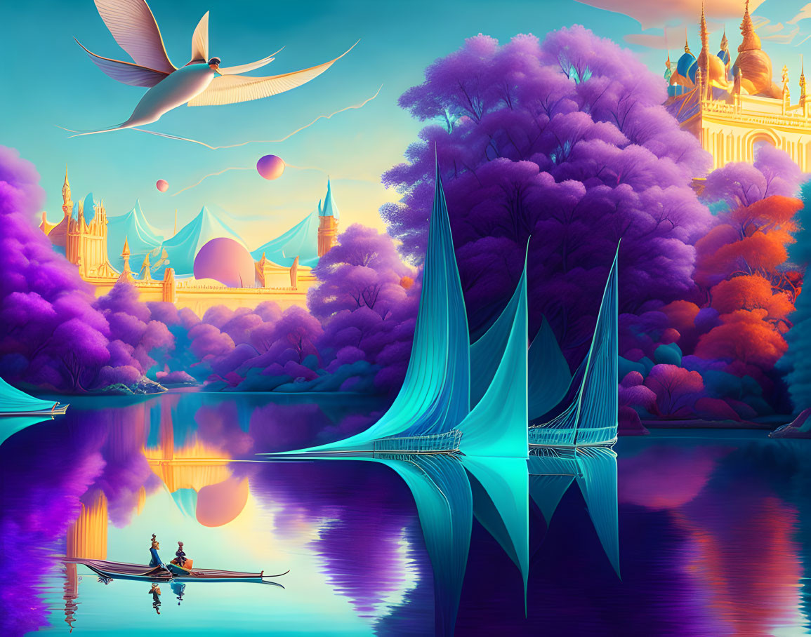 Surreal landscape with purple trees, reflective lake, fantastical structures