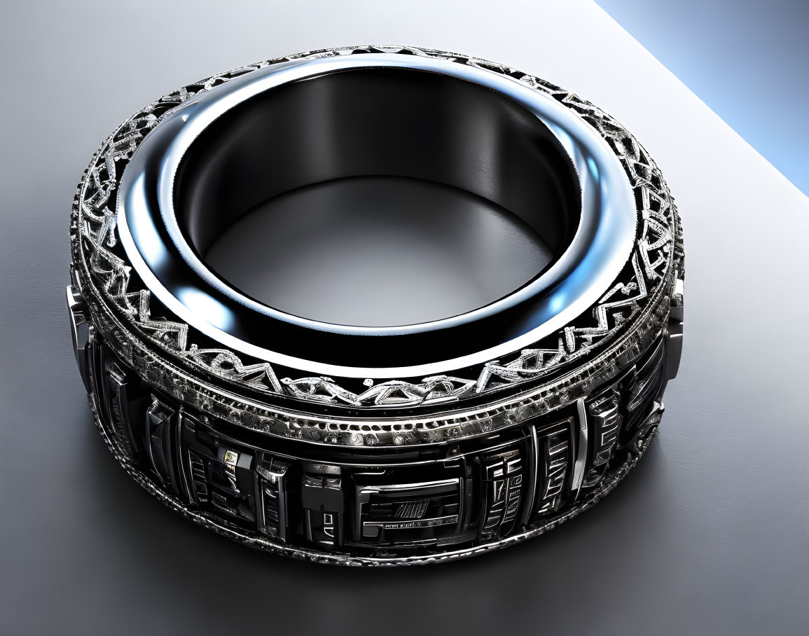 Silver Etched Rings with Blue Accents on Reflective Surface