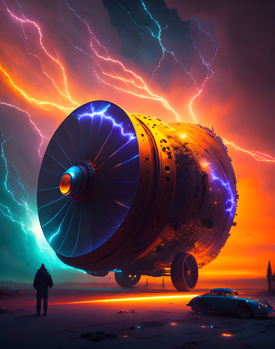 Person standing by futuristic engine and classic car under stormy sky on orange landscape