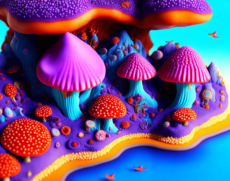 Colorful surreal landscape with stylized mushrooms and fantastical flora on blue background