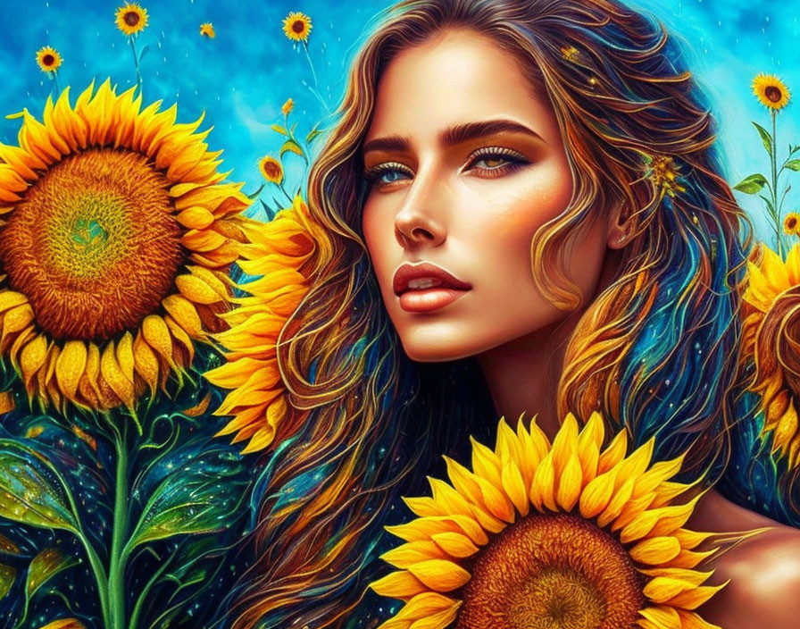 Colorful Woman Surrounded by Sunflowers in Vibrant Illustration