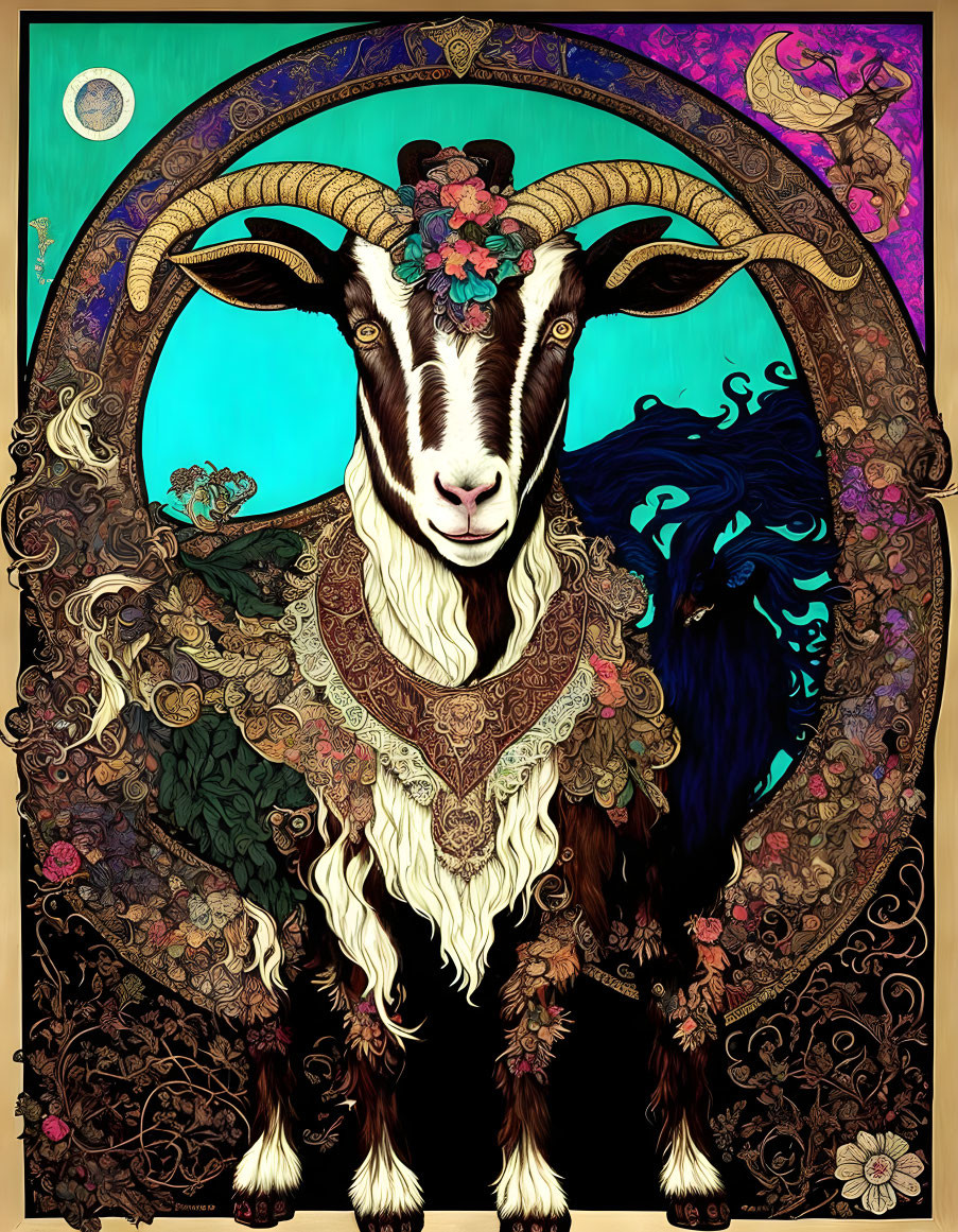 Colorful Art Nouveau Style Ram Image with Floral and Nature Motifs