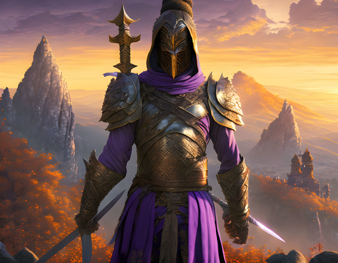 Knight in ornate armor with purple cloak in mountain landscape at sunset