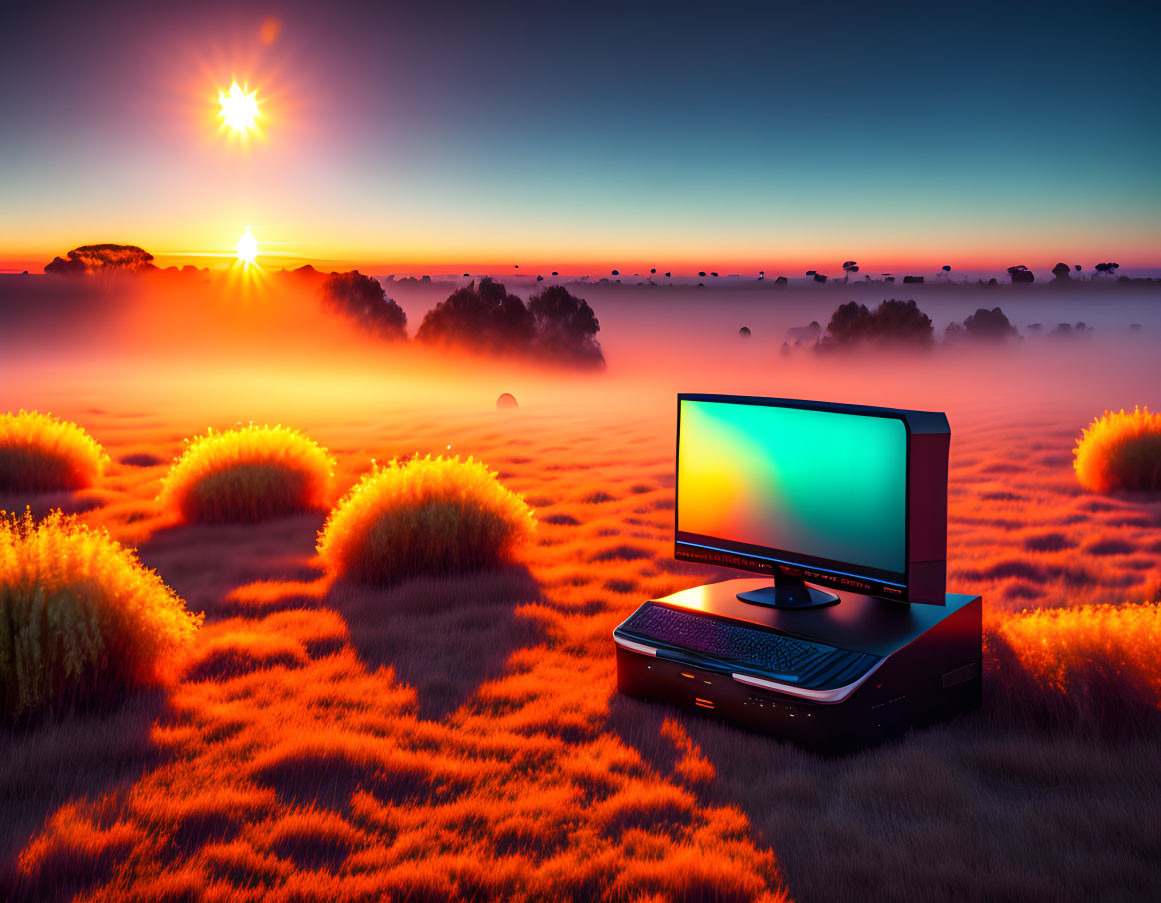 Laptop on Grassy Terrain Under Vibrant Sunrise Sky