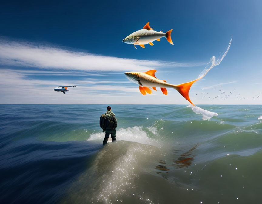 Man standing on ocean wave with flying goldfish and drone.