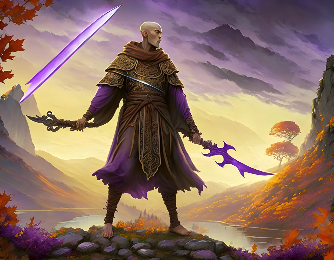 Bald fantasy character in purple robes with glowing sword and staff on rocky landscape