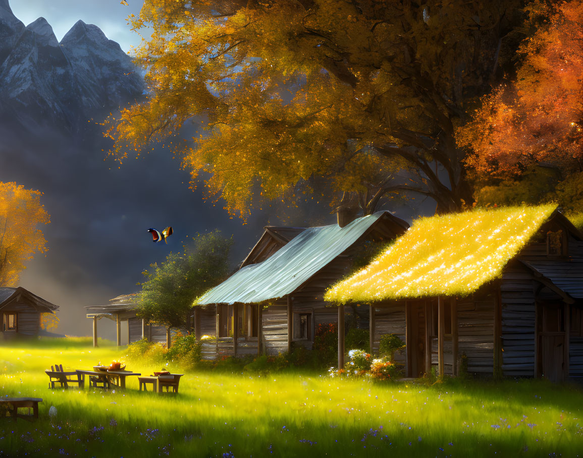 Rustic cabins, golden foliage, glowing grass in autumnal scene with distant mountain and toucan