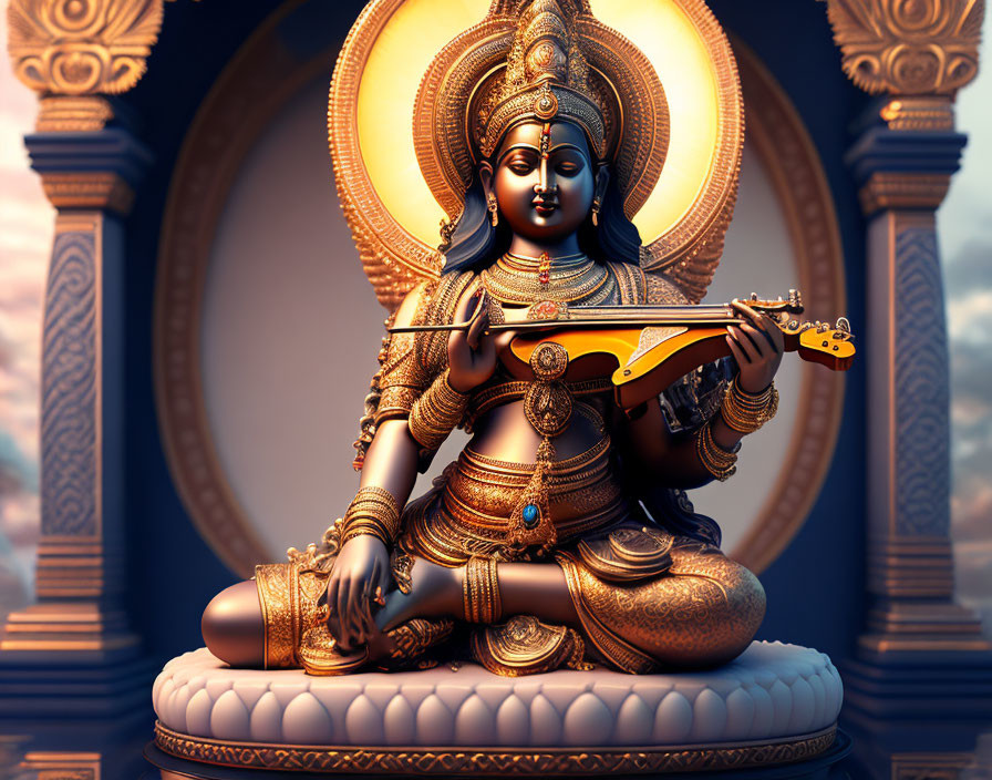 Ornate Hindu Deity Statue Playing Veena with Intricate Jewelry