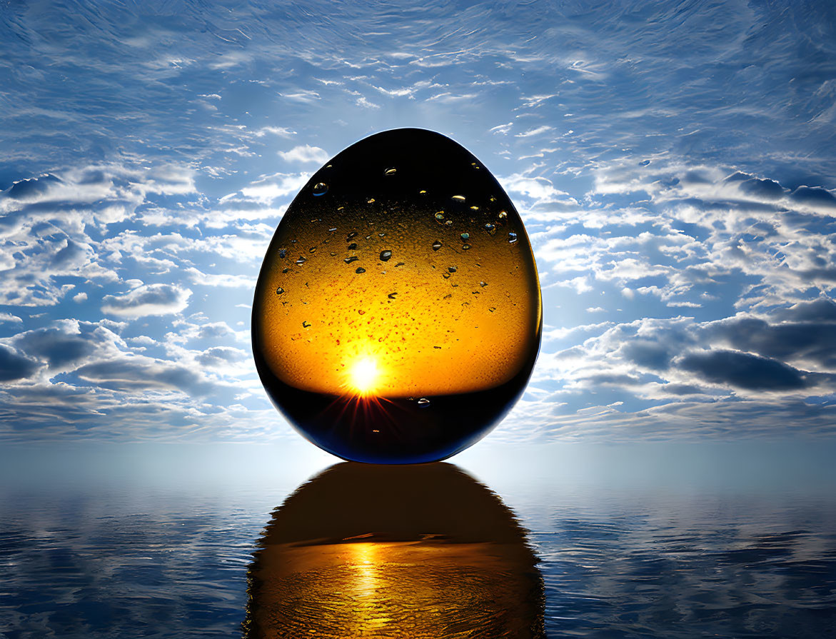 Translucent egg with golden-orange core floating above reflective water surface