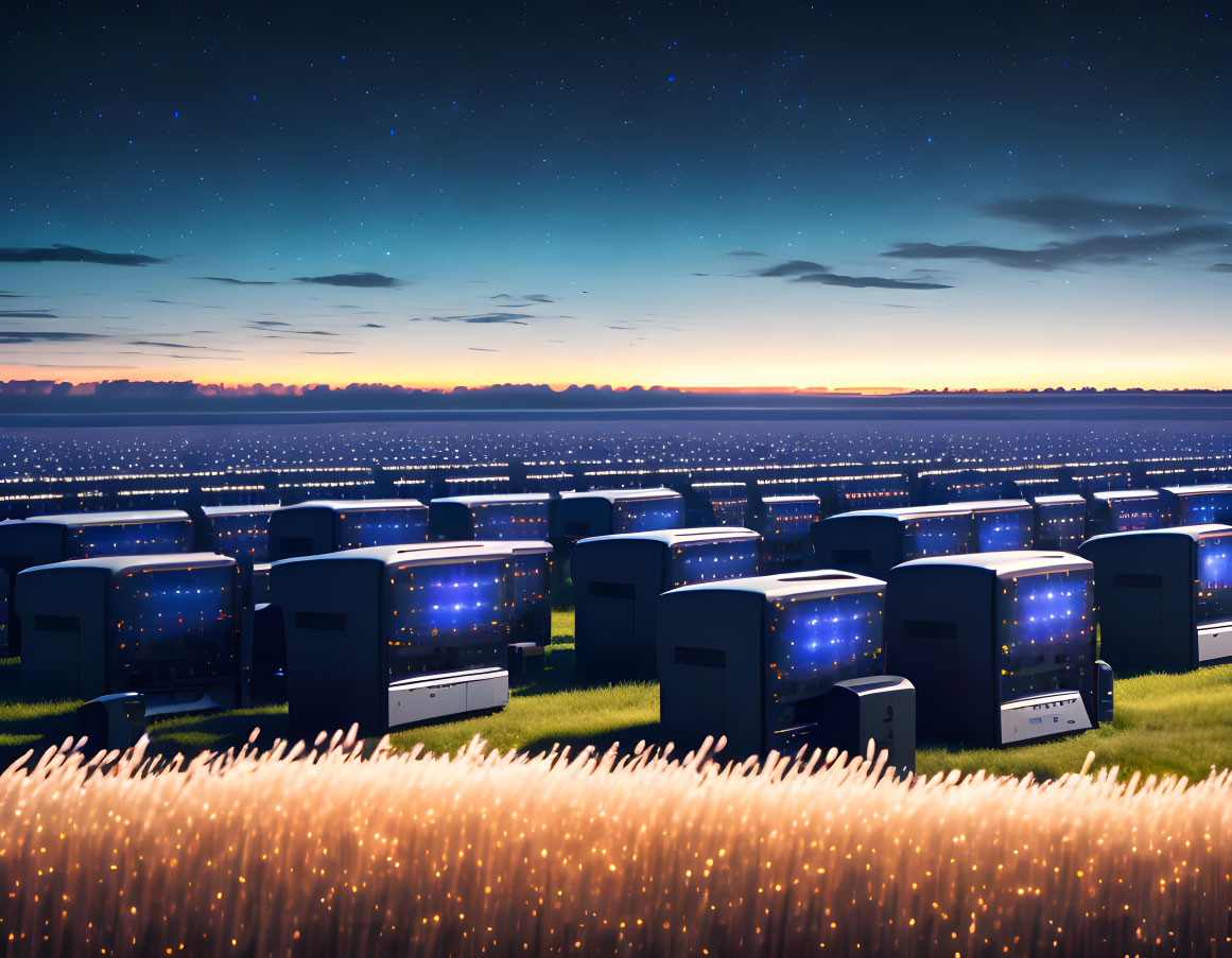 Data center servers with starry night motifs in twilight sky.