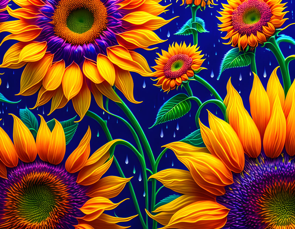 Bright sunflowers with yellow petals on blue background.