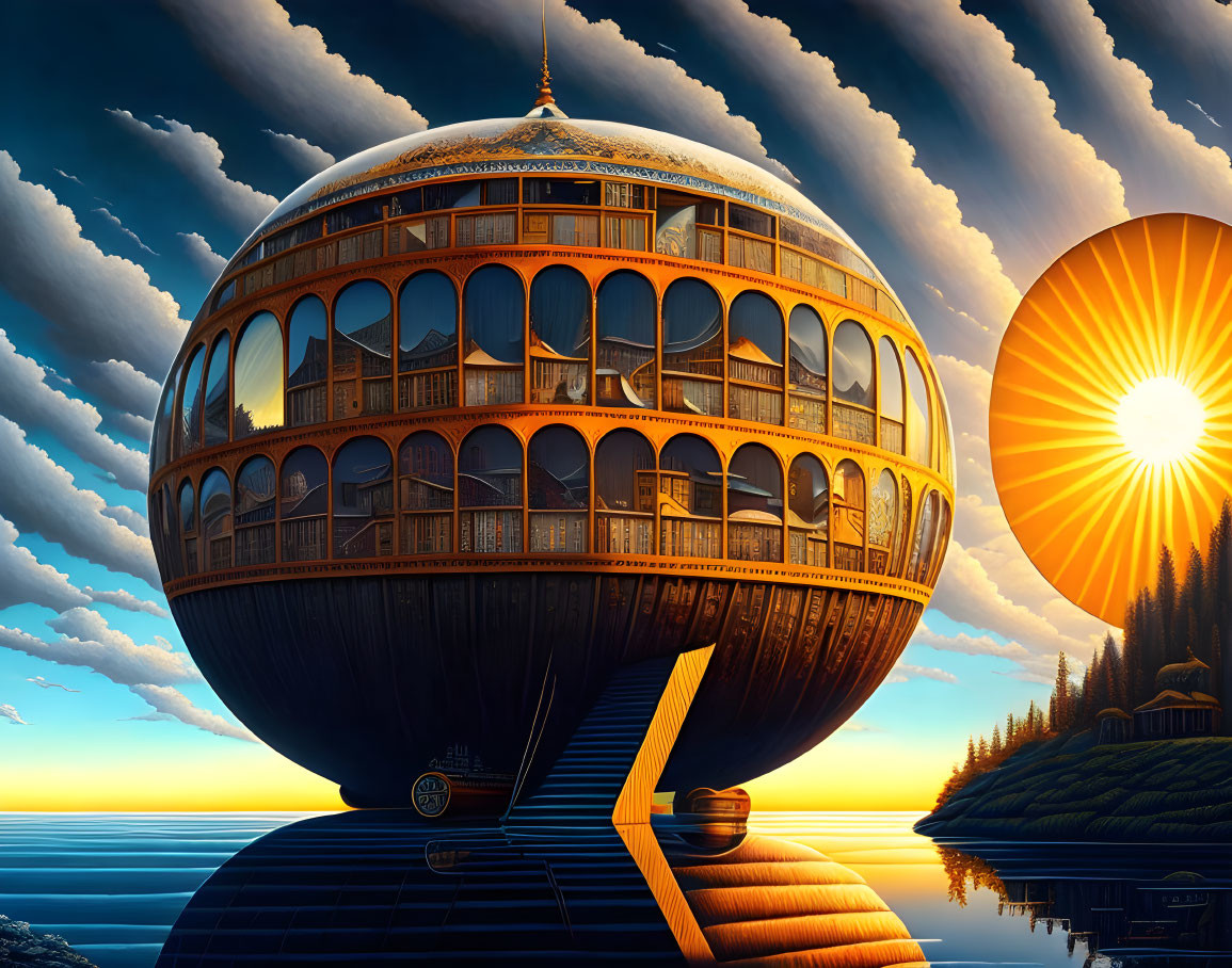 Spherical futuristic building on water surface at sunset