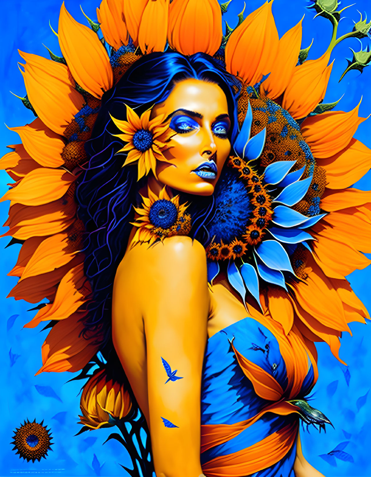 Colorful artwork of woman with blue skin, sunflowers, and butterflies on blue background