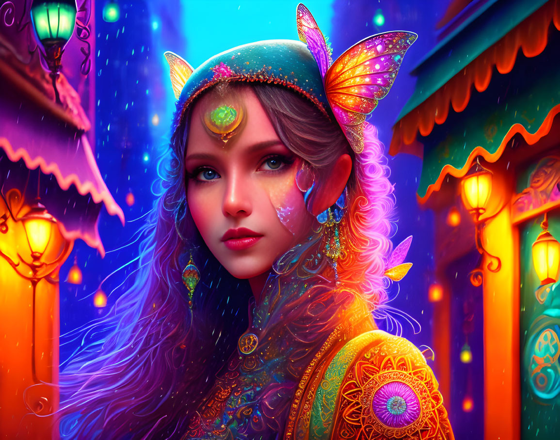 Digital Art: Woman with Elfin Features and Ornate Headgear in Vibrant Attire