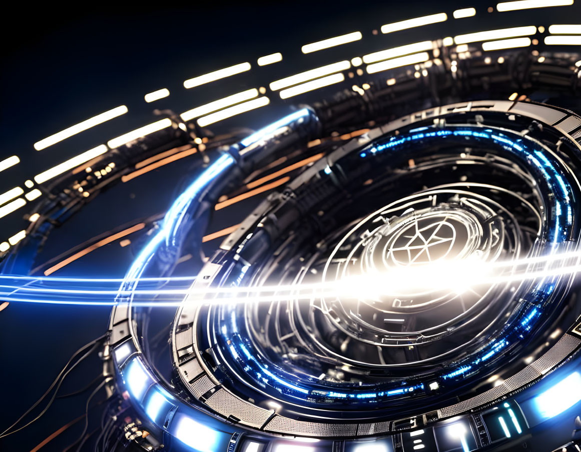 Circular futuristic technology interface with neon lines and bright light beam on dark background